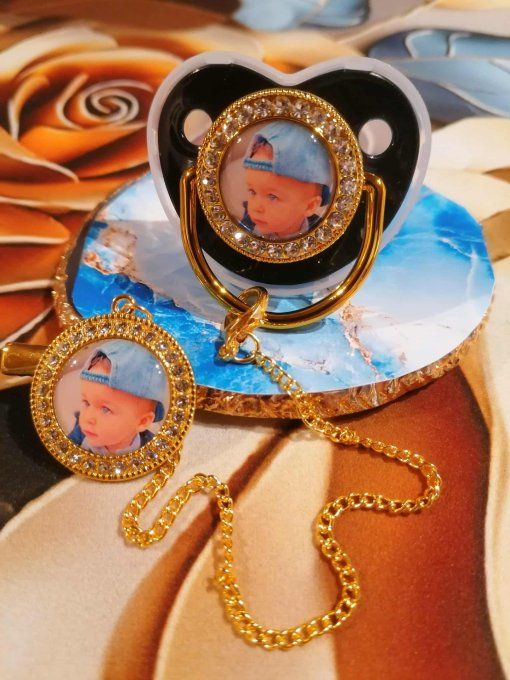 Tétine, sucette avec attache noir personnalisé avec la photo / logo de votre choix 