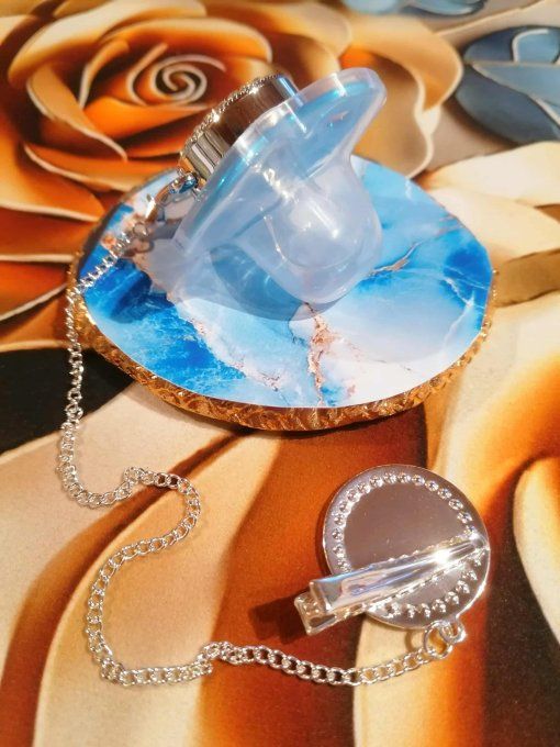 Tétine, sucette avec attache bleu personnalisé avec la photo / logo de votre choix 