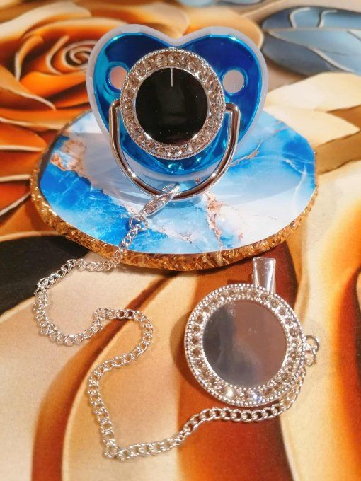 Tétine, sucette avec attache bleu personnalisé avec la photo / logo de votre choix 