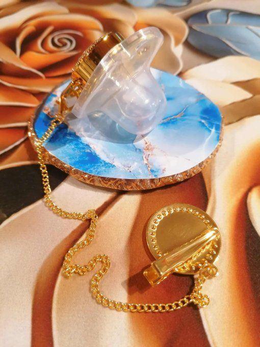 Tétine, sucette avec attache doré personnalisé avec la photo / logo de votre choix 