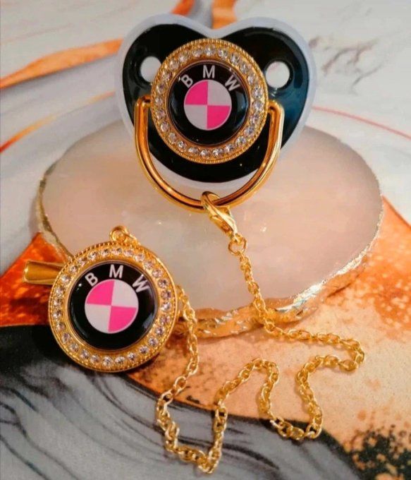 Tétine, sucette avec attache BMW Rose