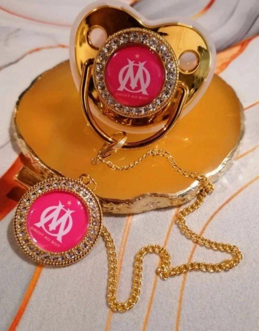 Tétine, sucette avec attache Olympique de Marseille Fuchsia