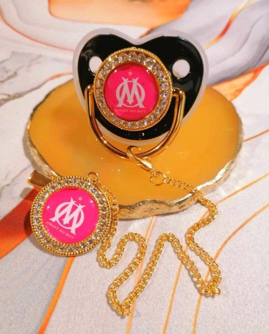 Tétine, sucette avec attache Olympique de Marseille Fuchsia 