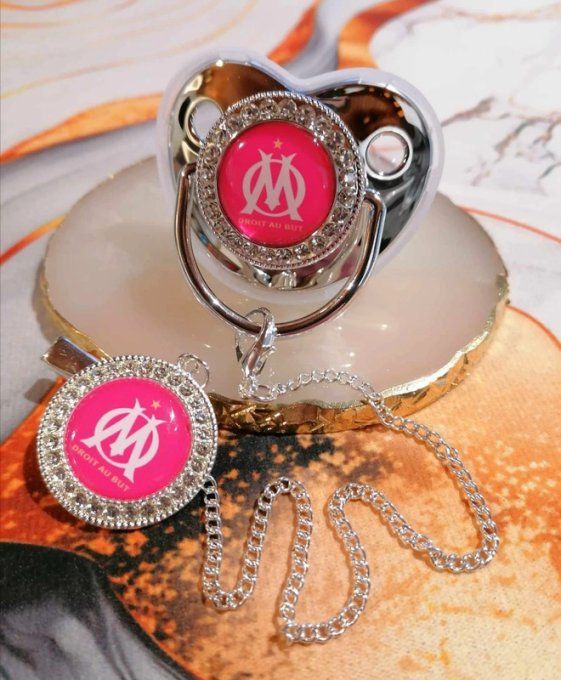 Tétine, sucette avec attache Olympique de Marseille Fuchsia 