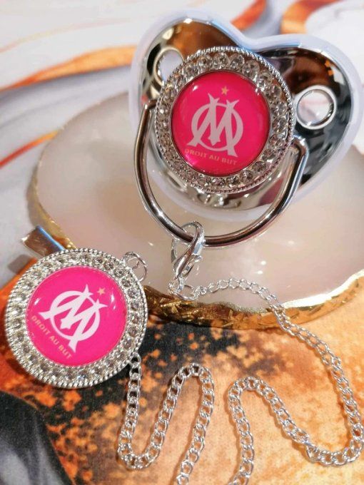 Tétine, sucette avec attache Olympique de Marseille Fuchsia 