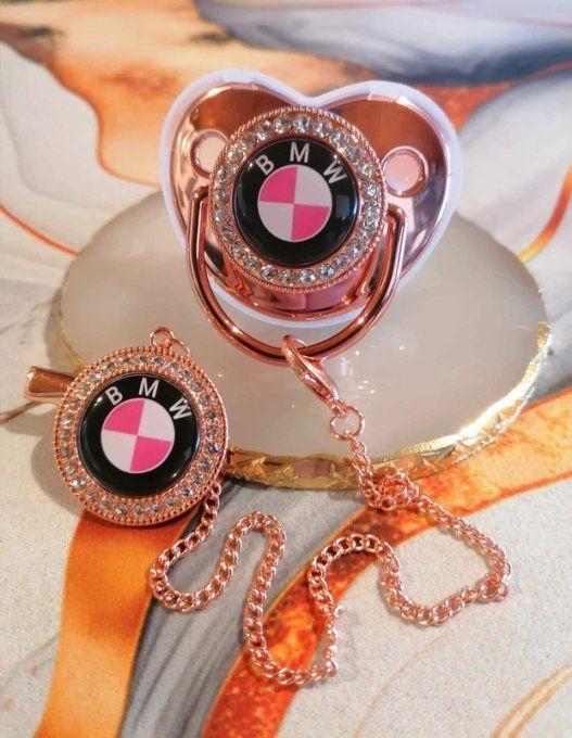 Tétine, sucette avec attache BMW Rose 