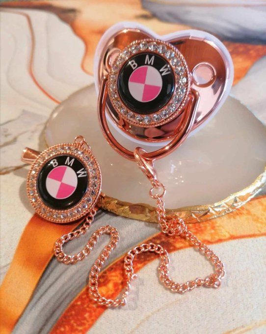 Tétine, sucette avec attache BMW Rose 