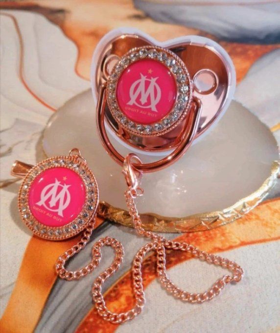 Tétine, sucette avec attache Olympique de Marseille Fuchsia 