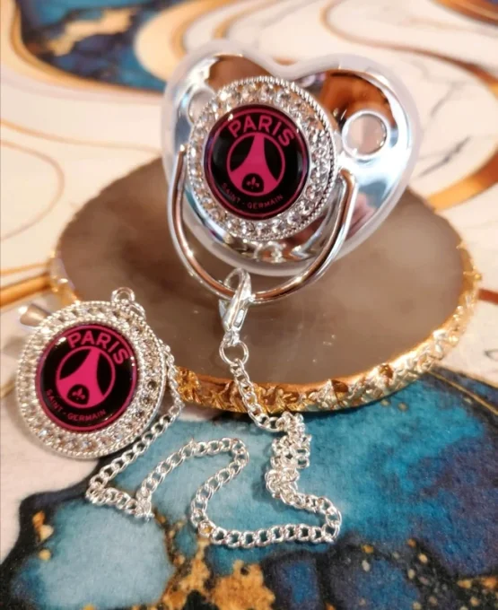 Tétine, sucette avec attache Paris saint germain Rose 