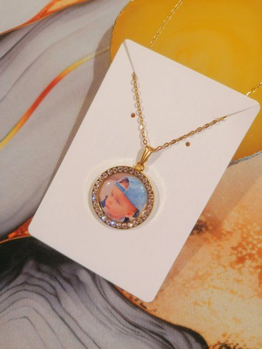 Collier avec pendentif strass personnalisé avec la photo / logo de votre choix 