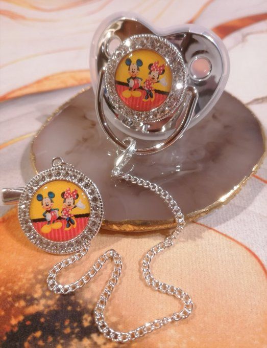 Tétine, sucette avec attache Mickey Minnie 