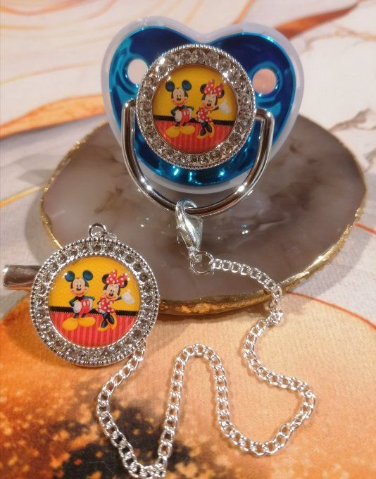 Tétine, sucette avec attache Mickey Minnie 