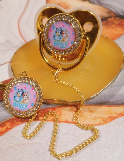 Tétine, sucette avec attache Bluey bleu rose